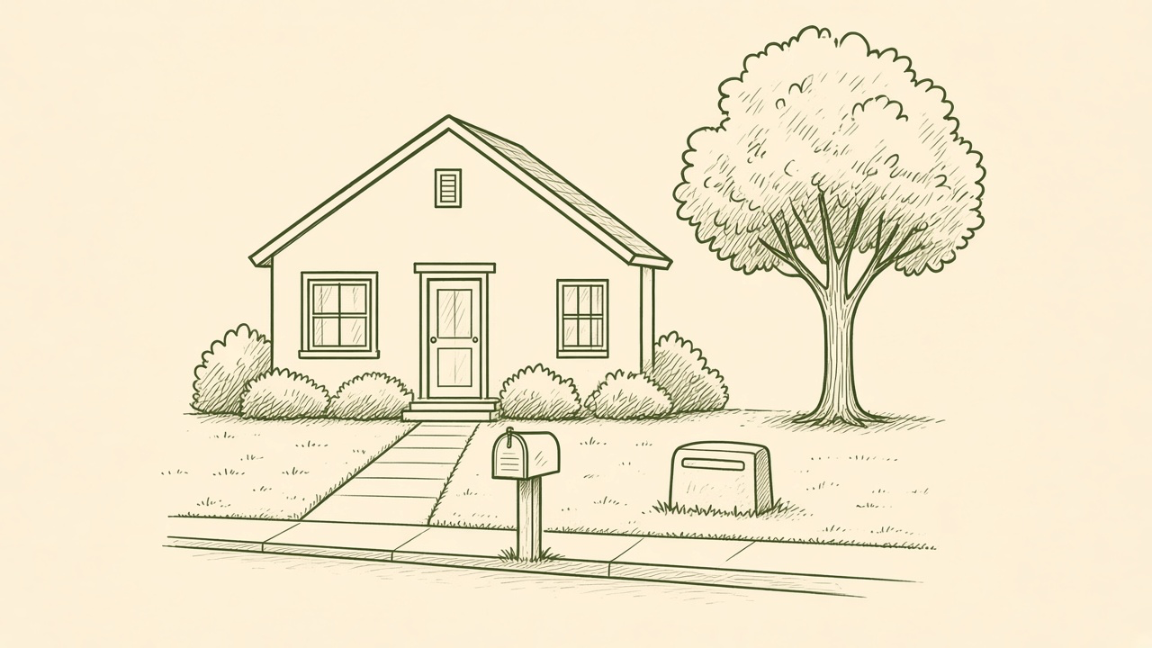 A small house with a nearby tree and mailbox as an unlabeled neighborhood landmark